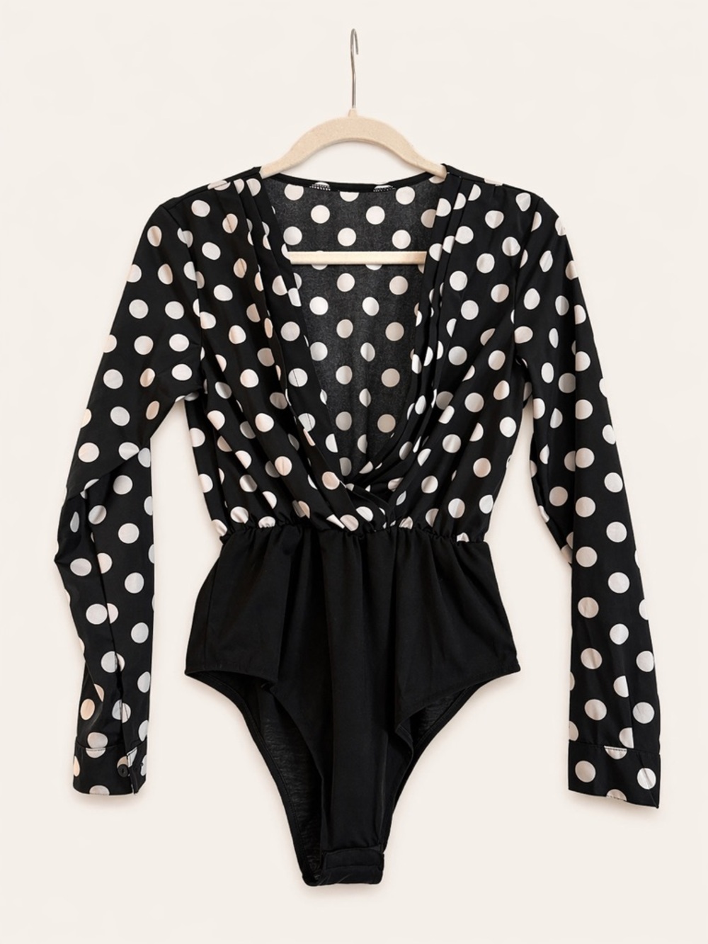 Black & White Polka Dot Long Sleeve Bodysuit – Plunge Neck, Size Small